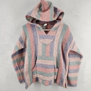 Artesanias F.R. Inc. Pink Blue Striped Baja Hoodie Mexican Poncho Pullover Small